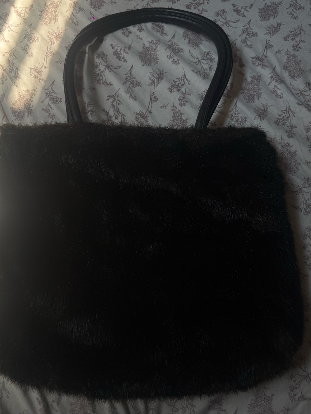 C.C Black Faux Fur Shoulder Bag with Double Top Handles